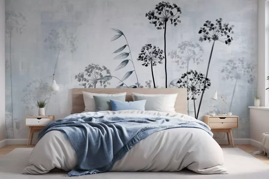 wall murals Цртеж сушеног цвећа са дугим стабљикама, монохроматска палета, на текстурираној, светло сивој позадини, ботаничка илустрација w09314