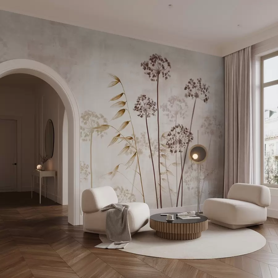 wall murals Цртеж сушеног цвећа са дугим стабљикама, монохроматска палета, на текстурираној, светло беж позадини, ботаничка илустрација w09314v1