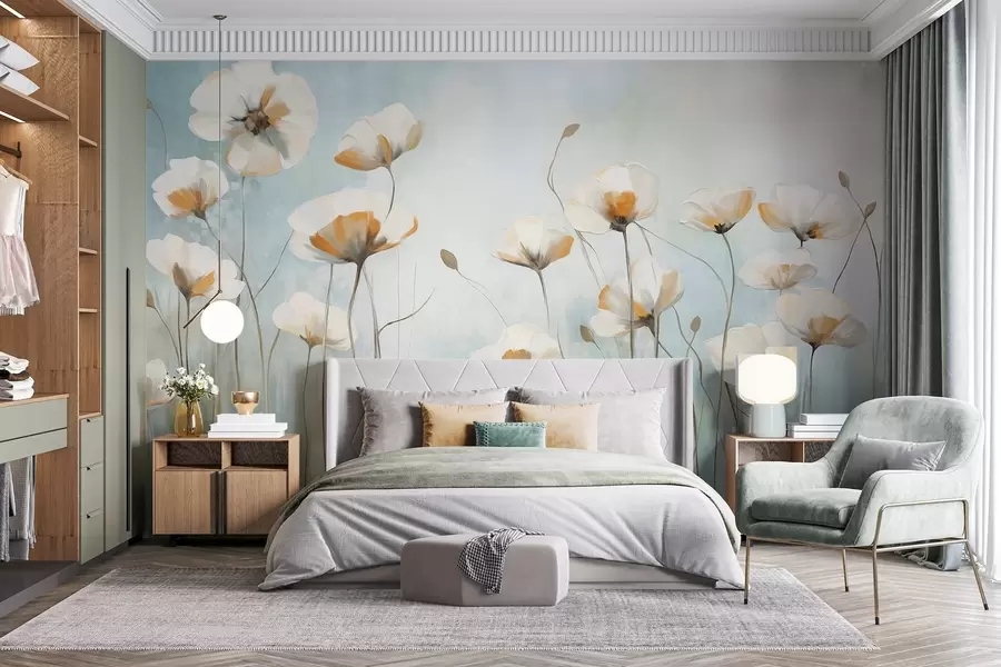 wall murals Бели текстурирани макови на дугим стабљикама, светлоплава и зелена позадина, меки потези четкицом, нежни цветни аранжман на пољу w09317