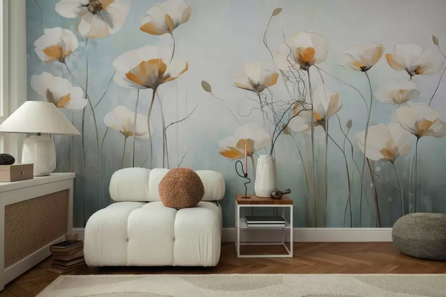 wall murals Бели текстурирани макови на дугим стабљикама, светлоплава и зелена позадина, меки потези четкицом, нежни цветни аранжман на пољу w09317