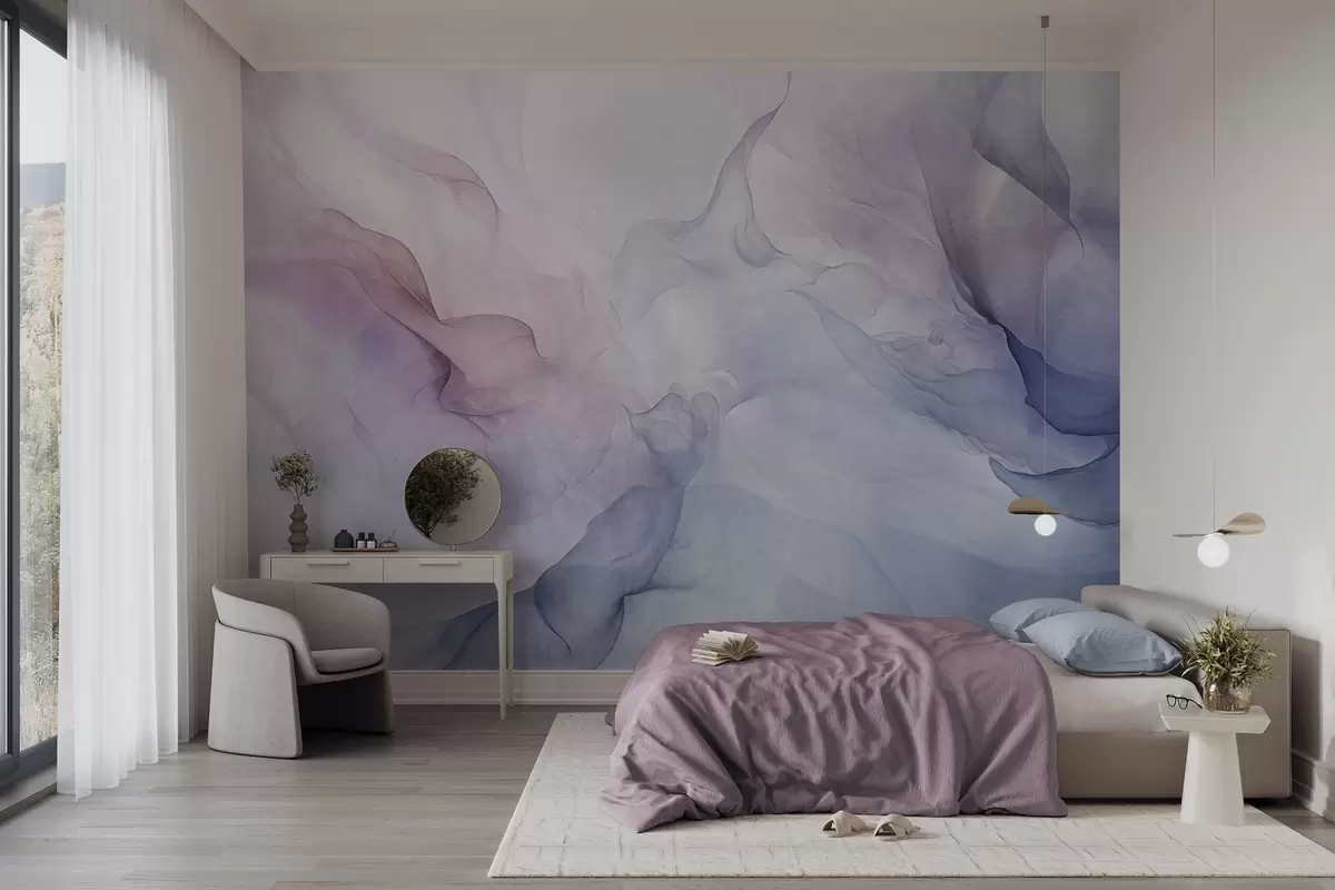wall murals Апстрактна текстурирана слика са течним пастелним нијансама ружичасте, љубичасте и плаве боје ствара меки ефекат w09318
