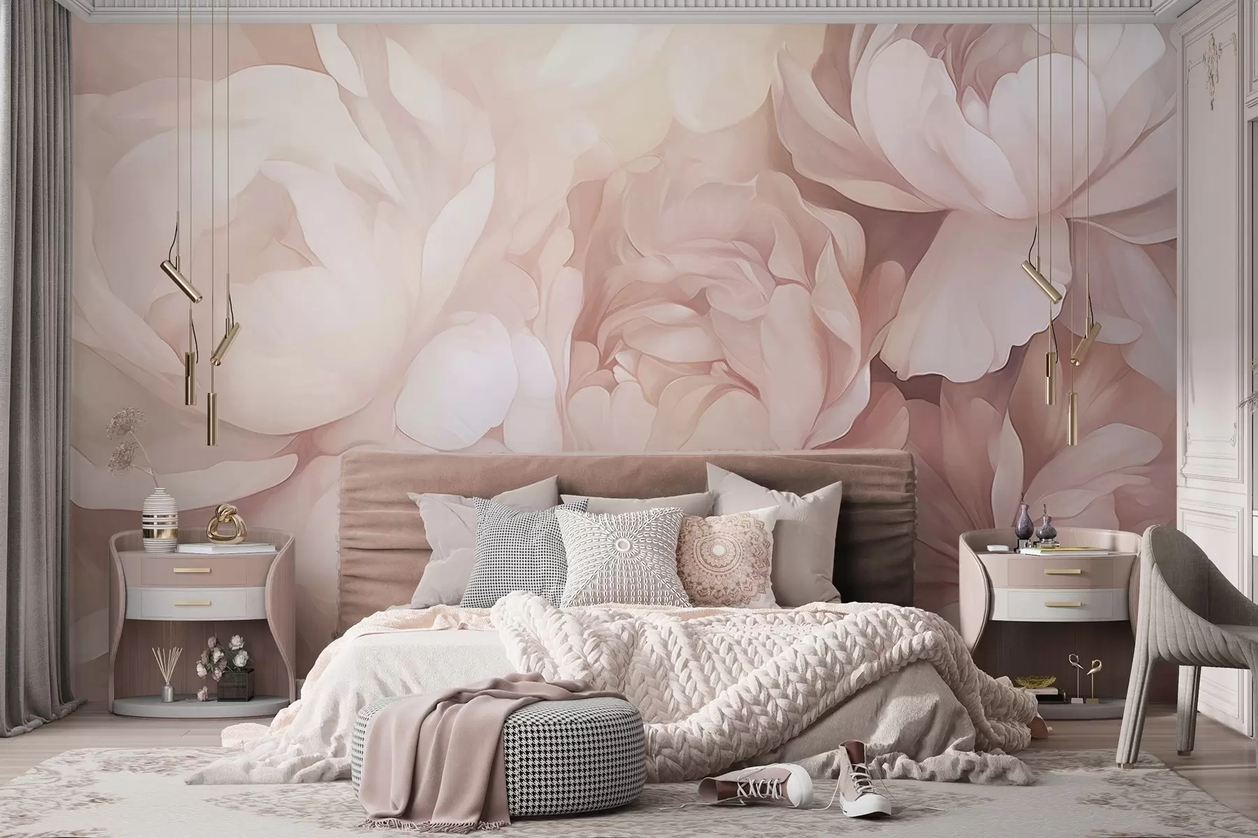 wall murals Светло пастелно ружичасти божури са меким, текстурираним, нежним латицама, уско распоређени, стварајући густу цветну уметност, меко осветљење w09319