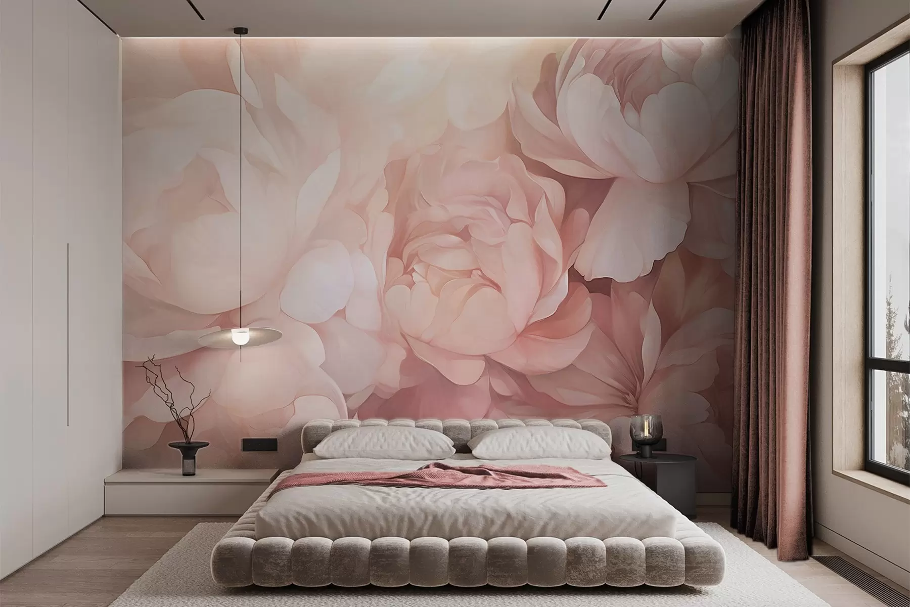 wall murals Светло пастелно ружичасти божури са меким, текстурираним, нежним латицама, уско распоређени, стварајући густу цветну уметност, меко осветљење w09319