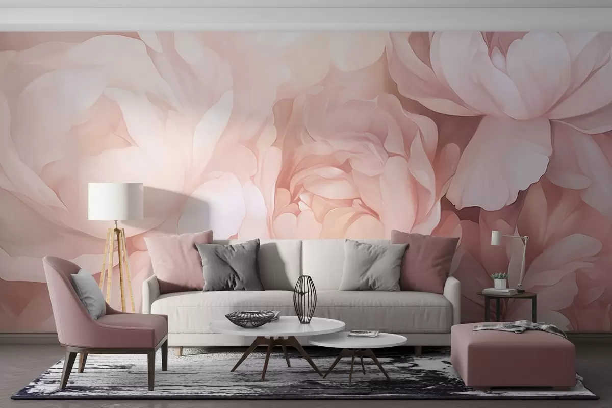 wall murals Светло пастелно ружичасти божури са меким, текстурираним, нежним латицама, уско распоређени, стварајући густу цветну уметност, меко осветљење w09319