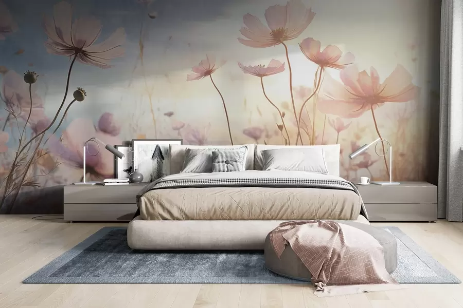 wall murals Поље ружичастог текстурираног цвећа са дугим стабљикама, наспрам меког плавог и жутог неба, ствара сањиву атмосферу w09320