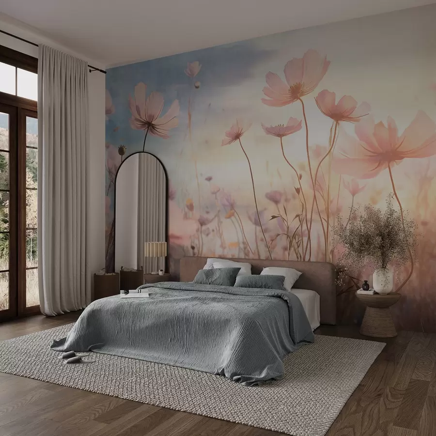 wall murals Поље ружичастог текстурираног цвећа са дугим стабљикама, наспрам меког плавог и жутог неба, ствара сањиву атмосферу w09320
