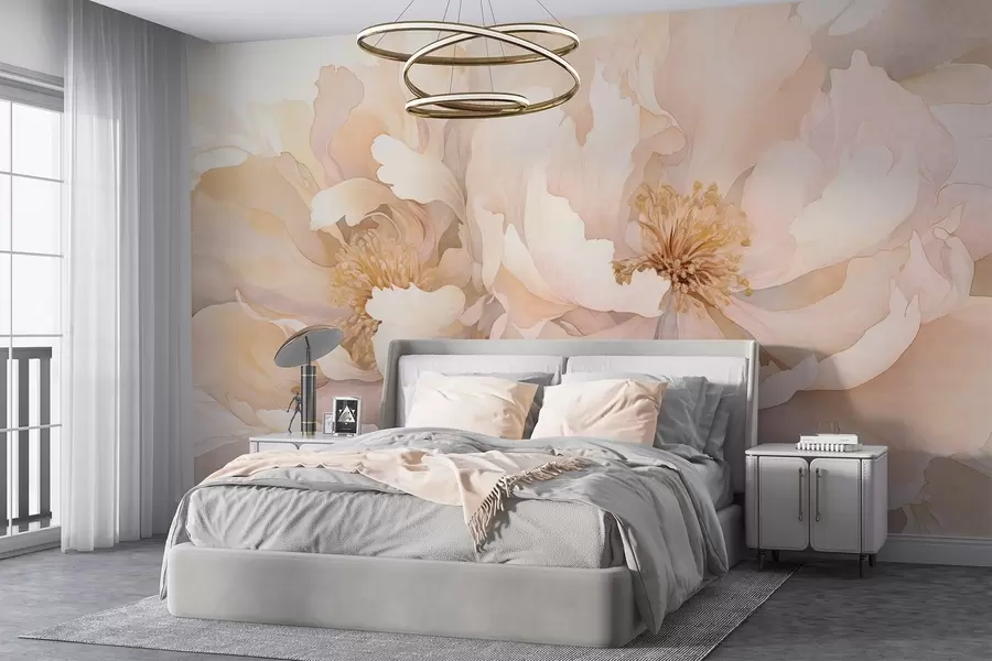 wall murals Цветови текстуре божура са нежним латицама у нијансама крем брескве и светло ружичасте са меком текстуром сличном акварелу w09321