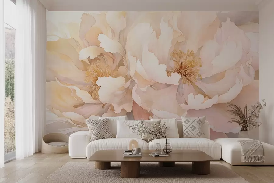wall murals Цветови текстуре божура са нежним латицама у нијансама крем брескве и светло ружичасте са меком текстуром сличном акварелу w09321