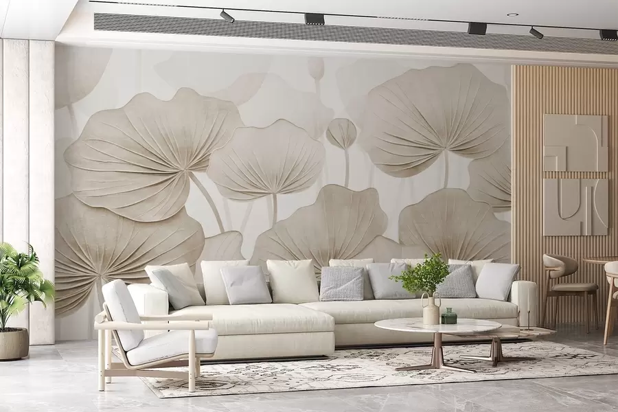 wall murals Листови лотоса са имитацијом избледеле текстуре w04412v1