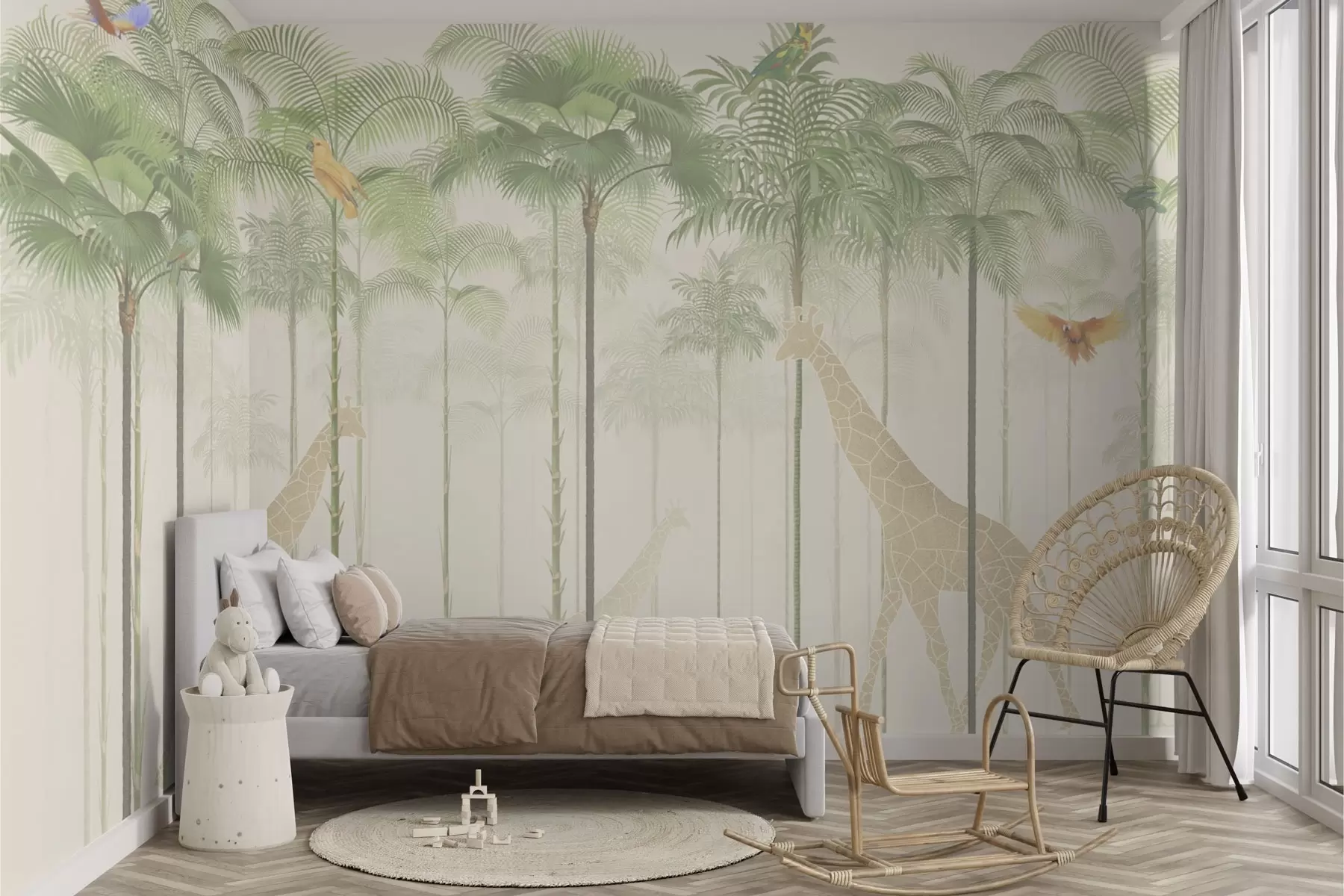 wall murals Жирафе и тропске птице међу високим палмама w04400
