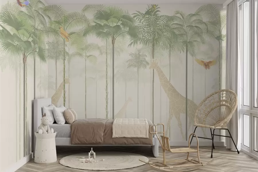 wall murals Жирафе и тропске птице међу високим палмама w04400