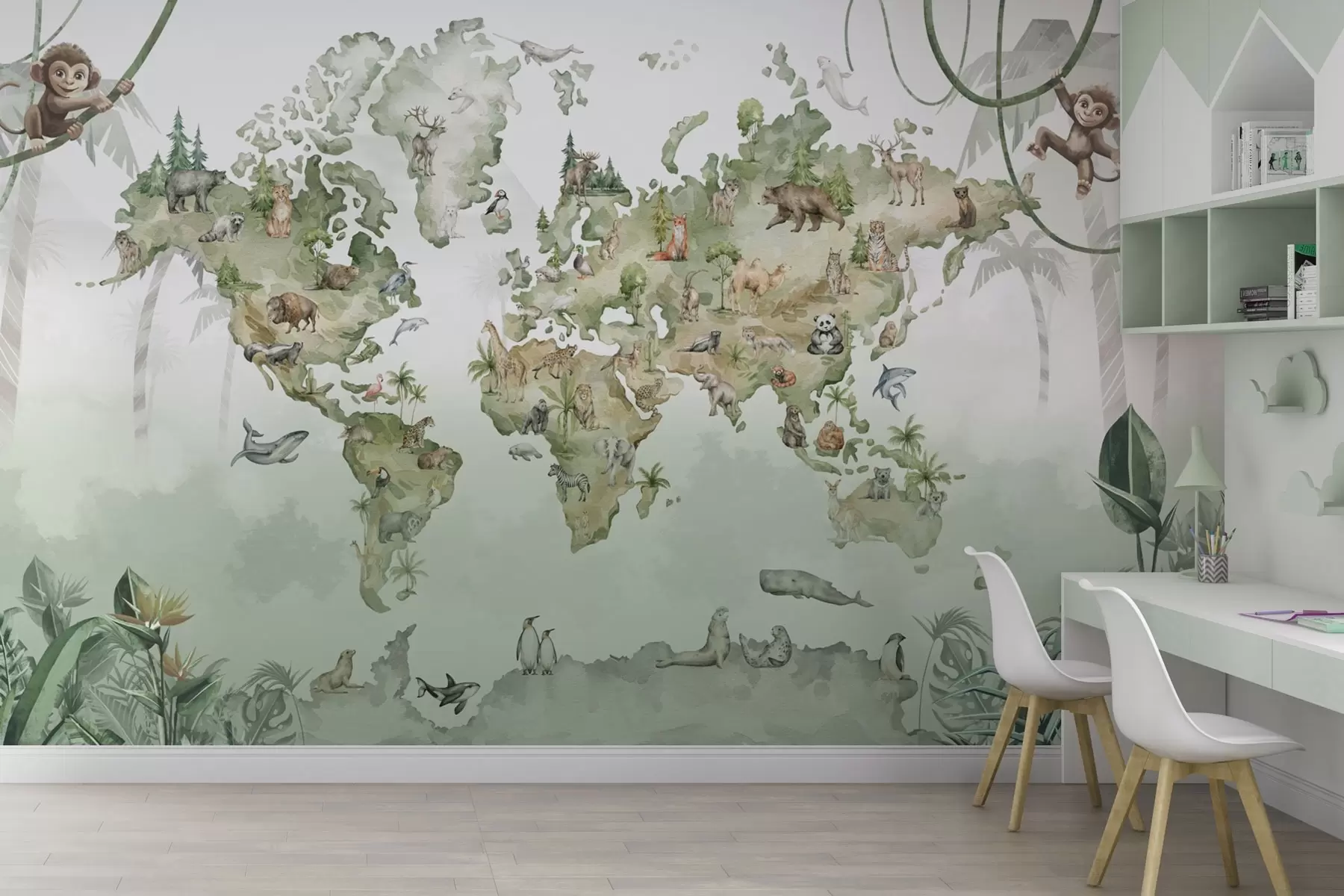 wall murals Мапа света у акварелном стилу са животињама w04418