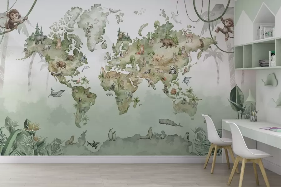 wall murals Мапа света у акварелном стилу са животињама w04418