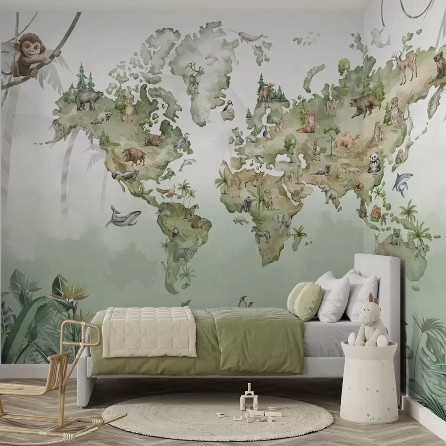 wall murals Мапа света у акварелном стилу са животињама w04418