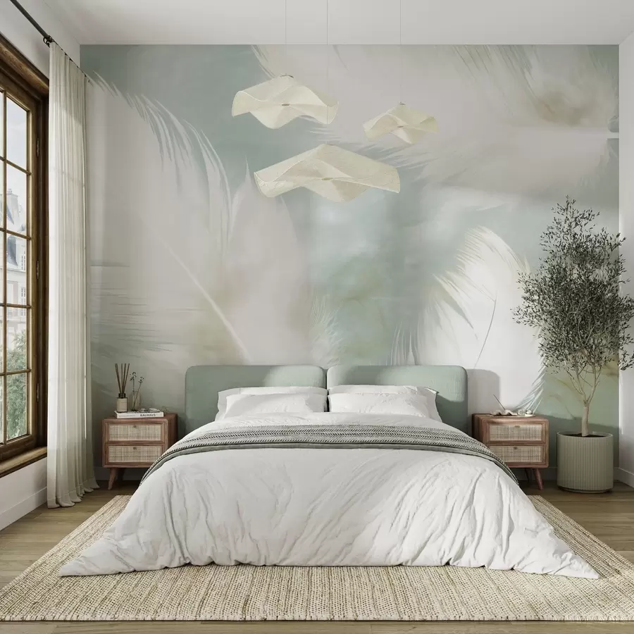 wall murals Нежно бело перје на мекој позадини боје менте w04399