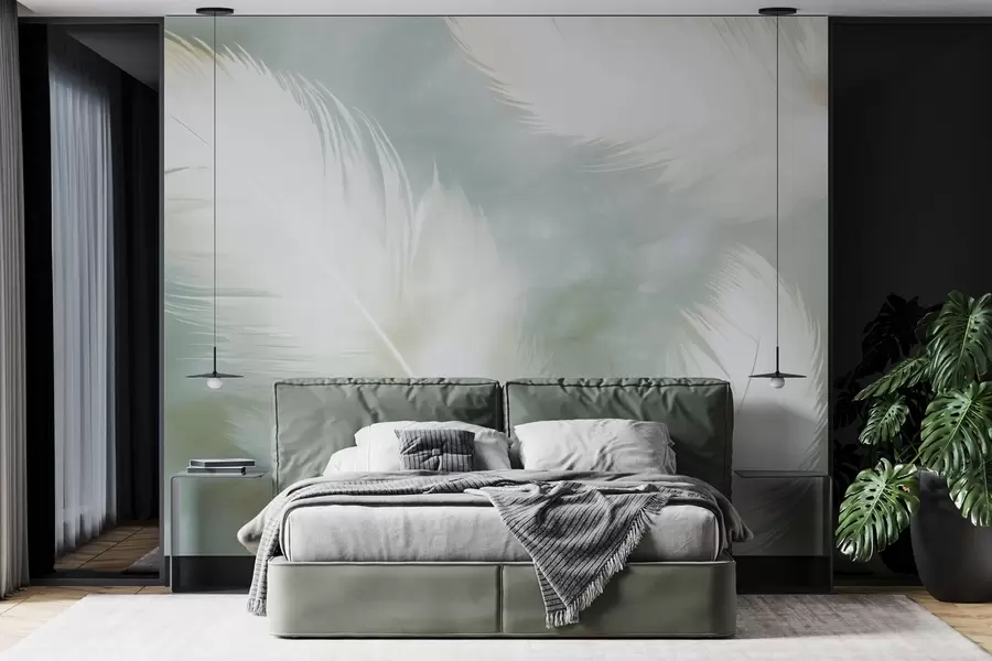 wall murals Нежно бело перје на мекој позадини боје менте w04399