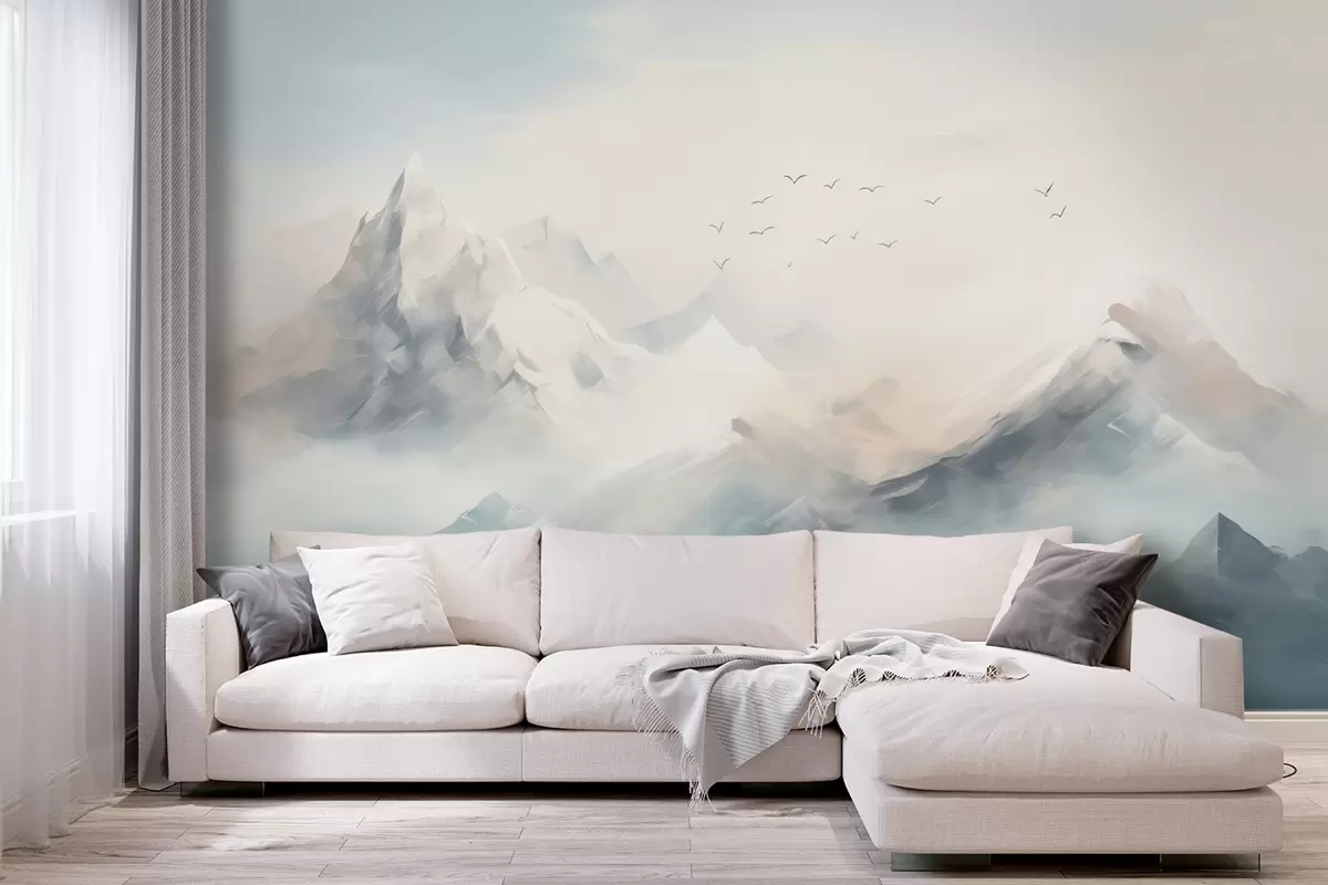 wall murals Снежни планински врхови у јутарњој магли са птицама у лету w09326