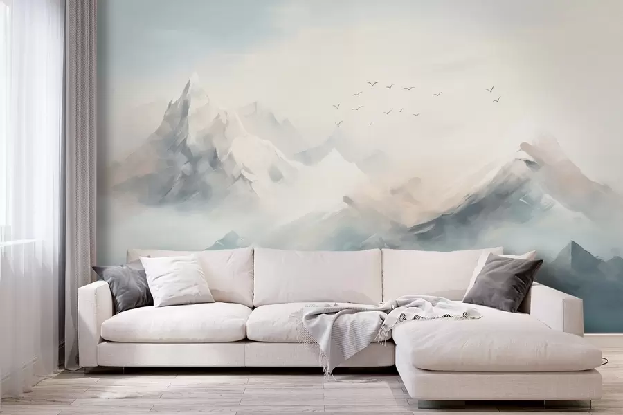 wall murals Снежни планински врхови у јутарњој магли са птицама у лету w09326