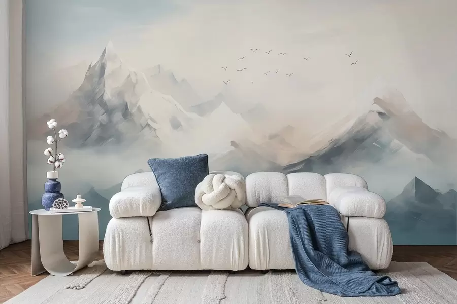 wall murals Снежни планински врхови у јутарњој магли са птицама у лету w09326