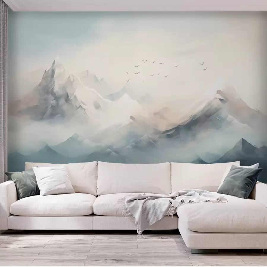 wall murals Снежни планински врхови у јутарњој магли са птицама у лету w09326