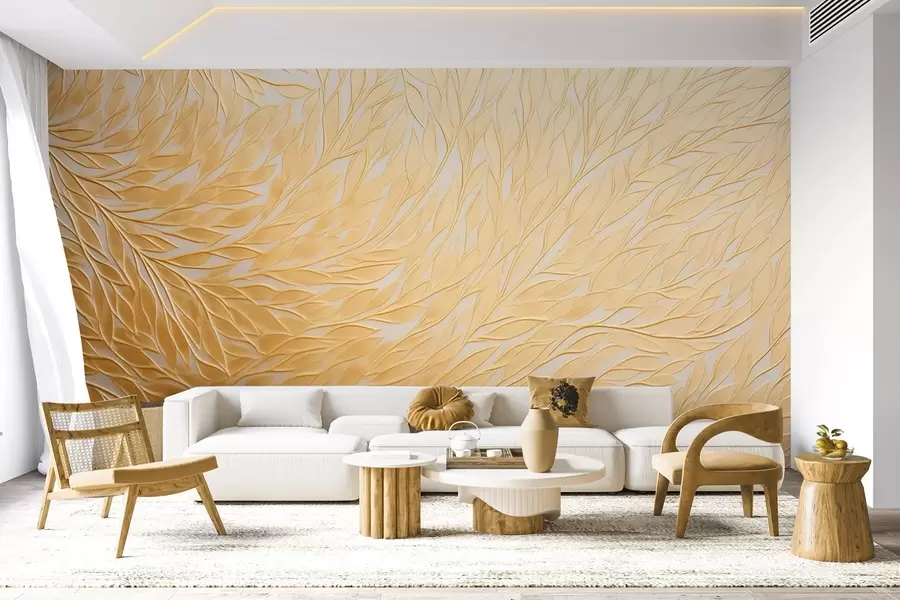 wall murals Рељефни узорак листова у топлим медено-жутим тоновима w09325