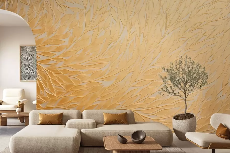 wall murals Рељефни узорак листова у топлим медено-жутим тоновима w09325