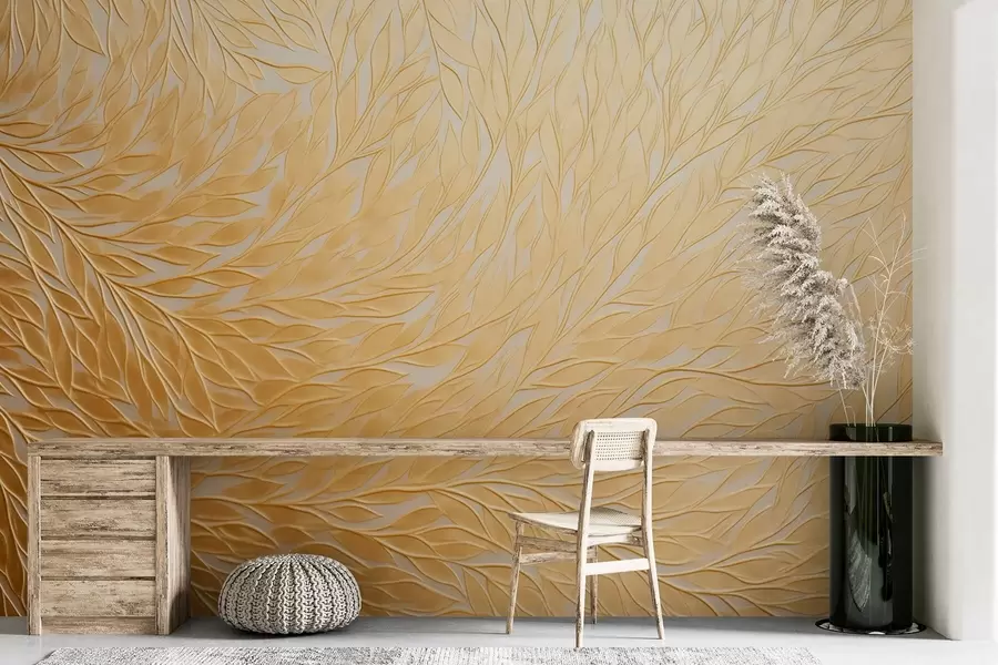 wall murals Рељефни узорак листова у топлим медено-жутим тоновима w09325