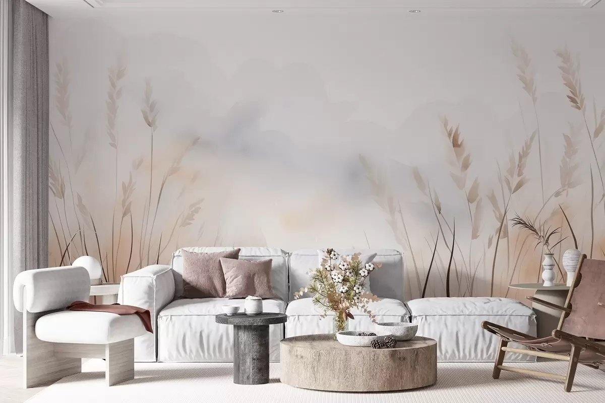 wall murals Класје жита у магли у меким беж и браон нијансама w09327