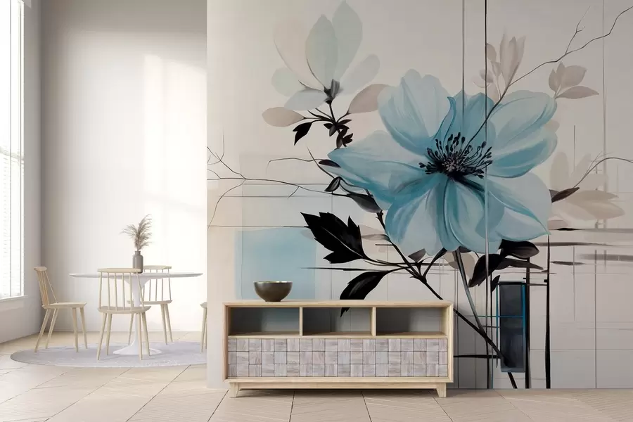 wall murals Апстрактни текстурирани плави цвет са тамним листовима и гранама, геометријским минималистичким облицима и линијама у пригушеним бојама w09332