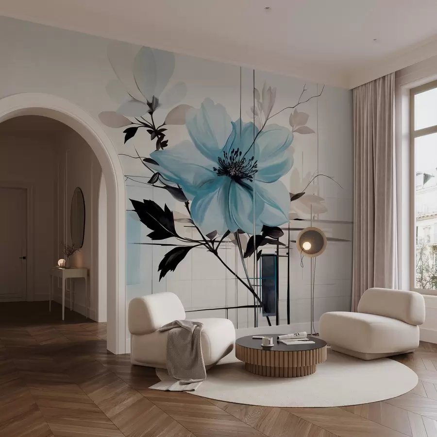 wall murals Апстрактни текстурирани плави цвет са тамним листовима и гранама, геометријским минималистичким облицима и линијама у пригушеним бојама w09332