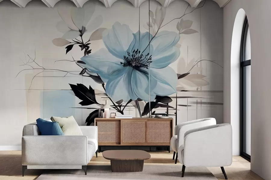 wall murals Апстрактни текстурирани плави цвет са тамним листовима и гранама, геометријским минималистичким облицима и линијама у пригушеним бојама w09332
