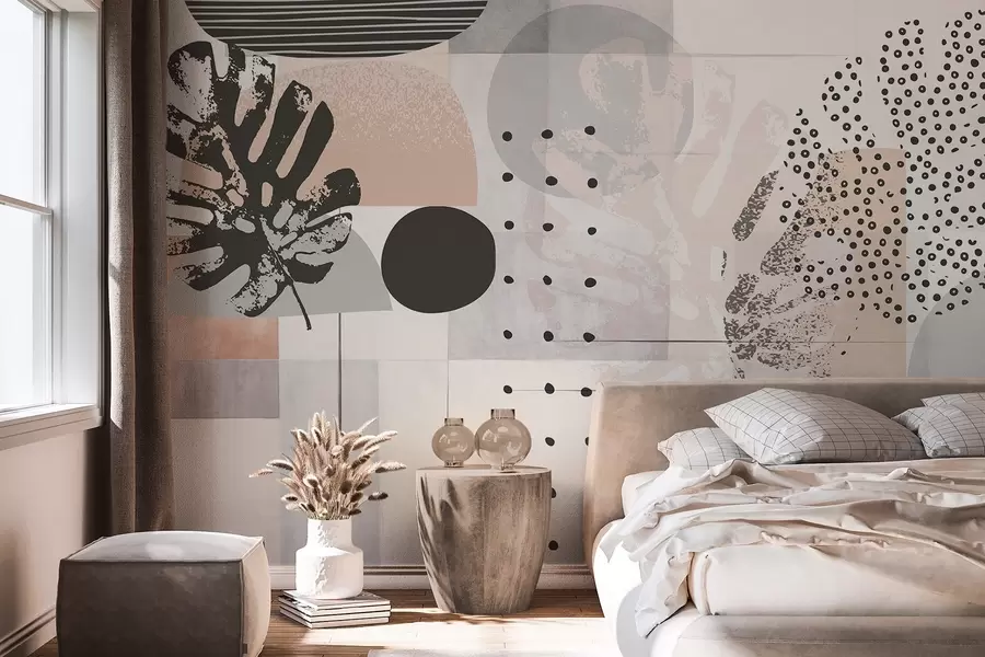 wall murals Апстрактни отисак са геометријским облицима и тропским листовима монстере, круговима, тачкама и линијама, модеран и минималистички дизајн w09333