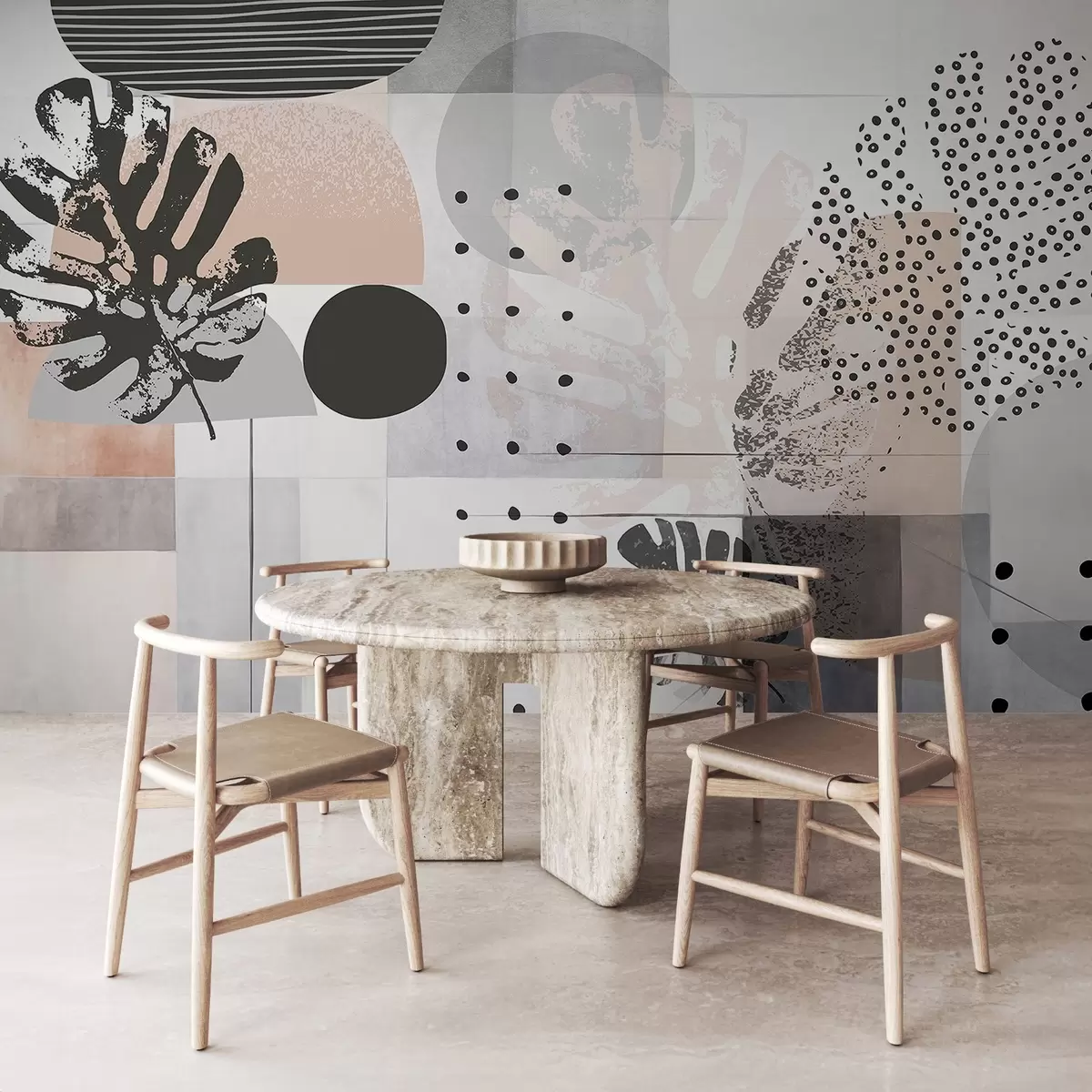 wall murals Апстрактни отисак са геометријским облицима и тропским листовима монстере, круговима, тачкама и линијама, модеран и минималистички дизајн w09333