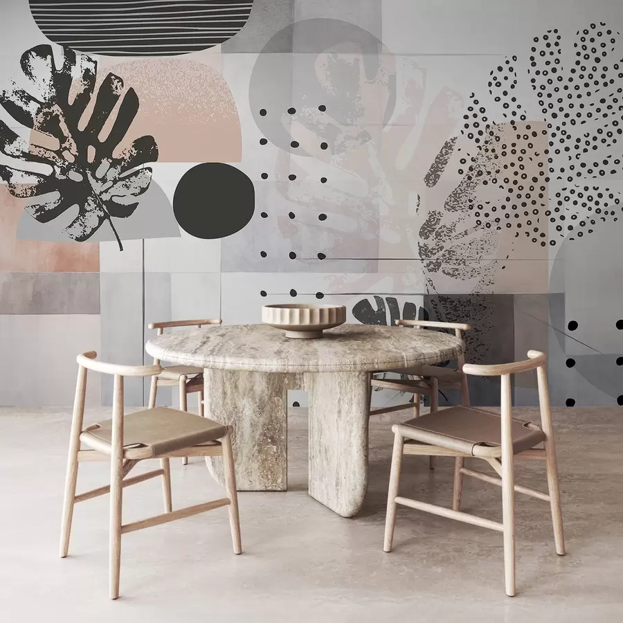 wall murals Апстрактни отисак са геометријским облицима и тропским листовима монстере, круговима, тачкама и линијама, модеран и минималистички дизајн w09333