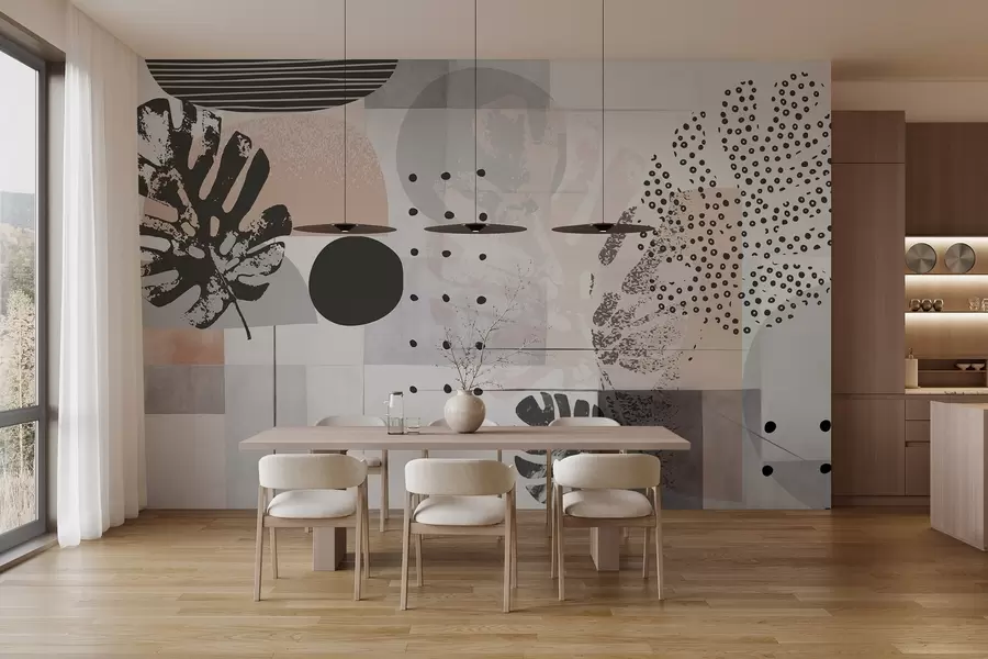 wall murals Апстрактни отисак са геометријским облицима и тропским листовима монстере, круговима, тачкама и линијама, модеран и минималистички дизајн w09333