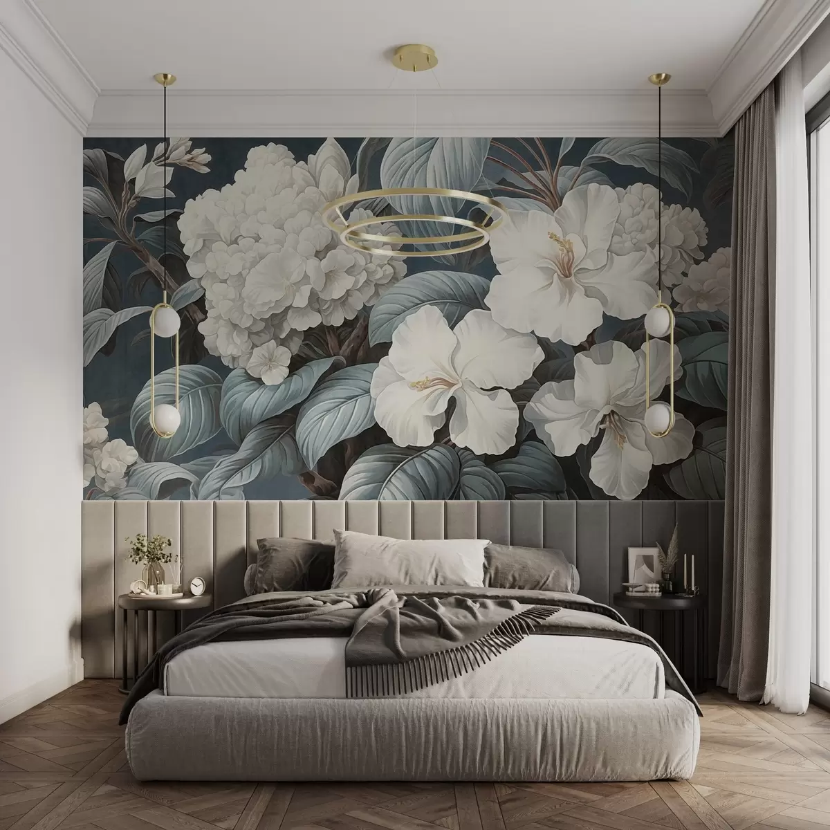wall murals Бело тропско цвеће са нежним латицама и листовима у тамноплавој позадини, винтаге текстурирани стил, ботаничка илустрација w09334