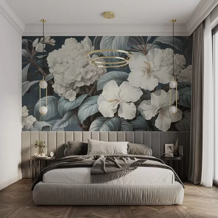 wall murals Бело тропско цвеће са нежним латицама и листовима у тамноплавој позадини, винтаге текстурирани стил, ботаничка илустрација w09334