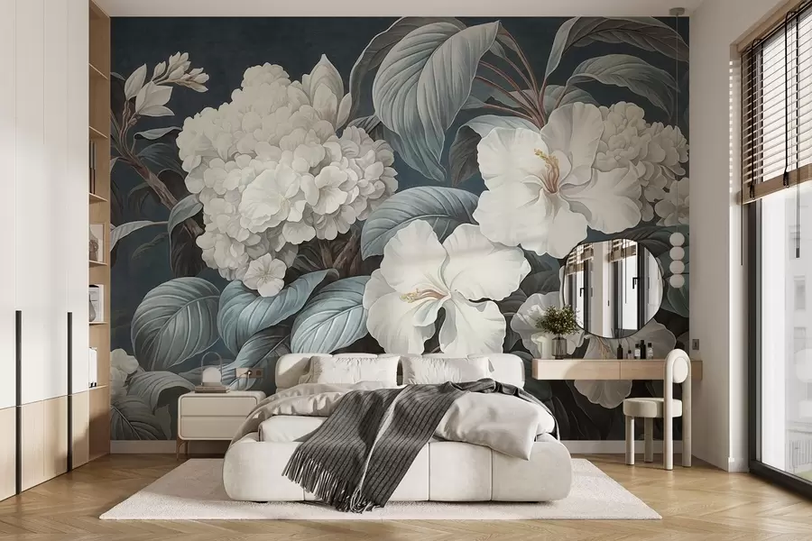 wall murals Бело тропско цвеће са нежним латицама и листовима у тамноплавој позадини, винтаге текстурирани стил, ботаничка илустрација w09334