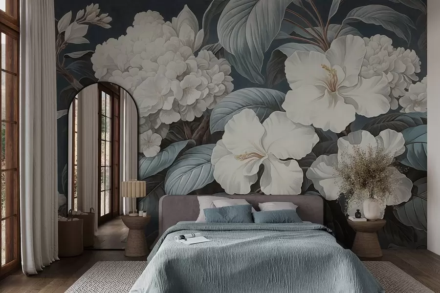 wall murals Бело тропско цвеће са нежним латицама и листовима у тамноплавој позадини, винтаге текстурирани стил, ботаничка илустрација w09334