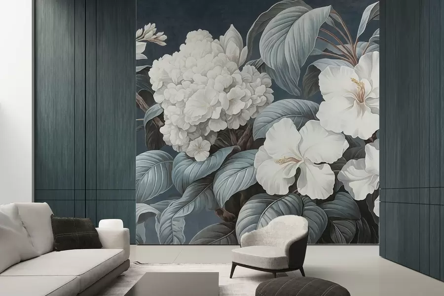 wall murals Бело тропско цвеће са нежним латицама и листовима у тамноплавој позадини, винтаге текстурирани стил, ботаничка илустрација w09334
