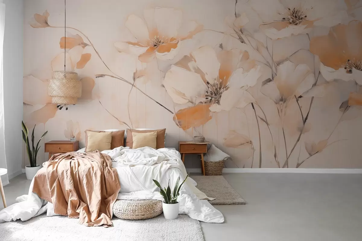wall murals Бело и наранџасто текстурирано цвеће са дугим стабљикама, светла позадина, меке боје, елегантна композиција, нежни потези четкицом w09335