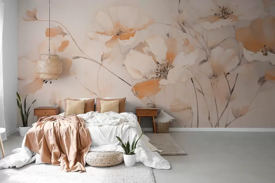 wall murals Бело и наранџасто текстурирано цвеће са дугим стабљикама, светла позадина, меке боје, елегантна композиција, нежни потези четкицом w09335