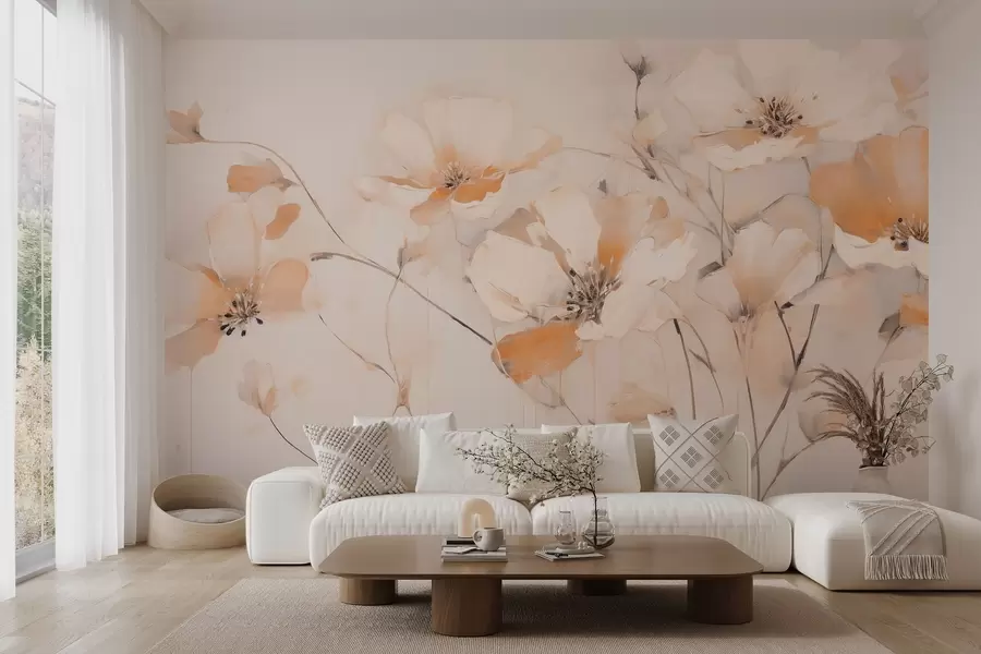 wall murals Бело и наранџасто текстурирано цвеће са дугим стабљикама, светла позадина, меке боје, елегантна композиција, нежни потези четкицом w09335