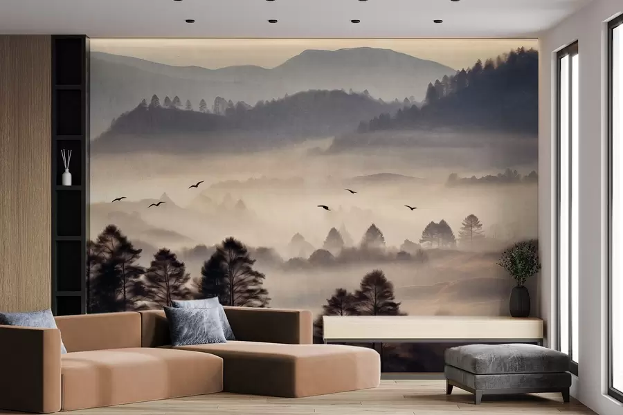 wall murals Текстурирани планински пејзаж са слојевима магле, силуетама дрвећа у првом плану, удаљеним планинским венцем, меким осветљењем w09338