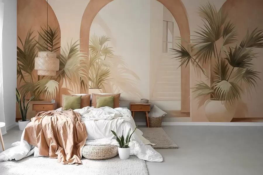 wall murals Текстурирани лукови са саксијским биљкама, светло беж палета боја, минималистички дизајн, степениште у позадини w09339