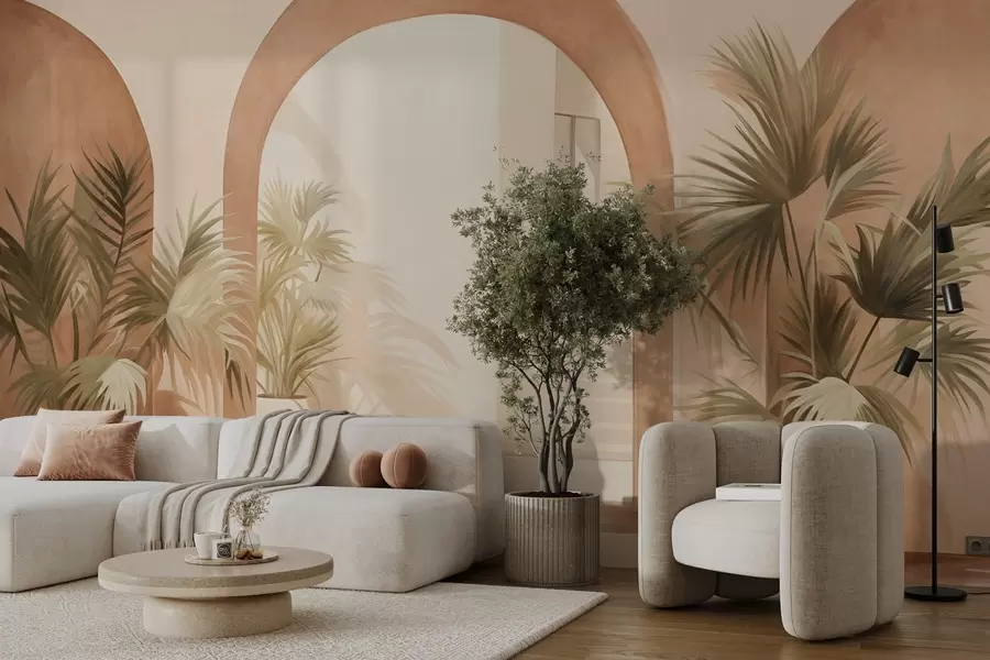 wall murals Текстурирани лукови са саксијским биљкама, светло беж палета боја, минималистички дизајн, степениште у позадини w09339