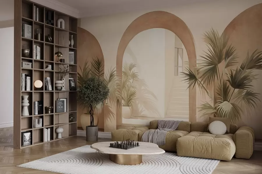 wall murals Текстурирани лукови са саксијским биљкама, светло беж палета боја, минималистички дизајн, степениште у позадини w09339