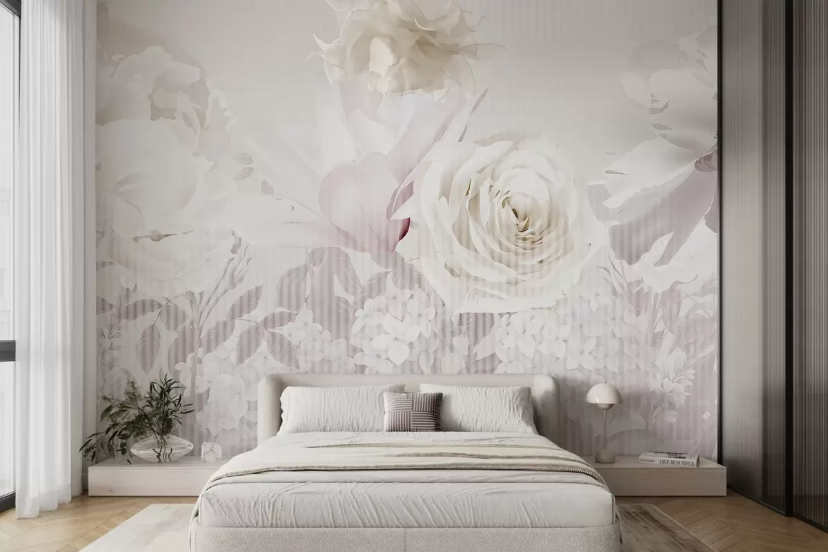 wall murals Цветни аранжман са ружама, хортензијама и тулипанима у нежним пастелним нијансама беле, ружичасте и беж боје, са пругастом текстуром w09340