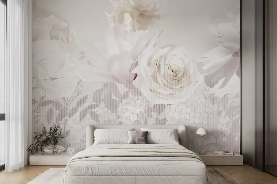 wall murals Цветни аранжман са ружама, хортензијама и тулипанима у нежним пастелним нијансама беле, ружичасте и беж боје, са пругастом текстуром w09340