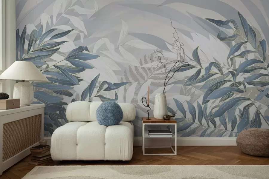 wall murals Плаво и бело лишће и трава, меке пастелне боје, ботаничка илустрација, минималистички дизајн, декоративно, модерно w09341